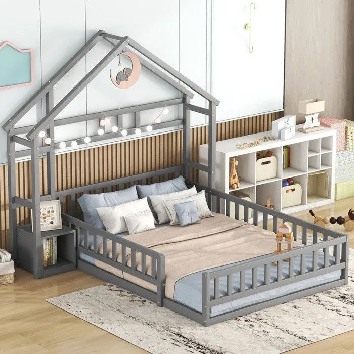 Lit enfant cabane 140x200cm avec une table de chevet et barrières de sécurité - sommier à lattes - Gris