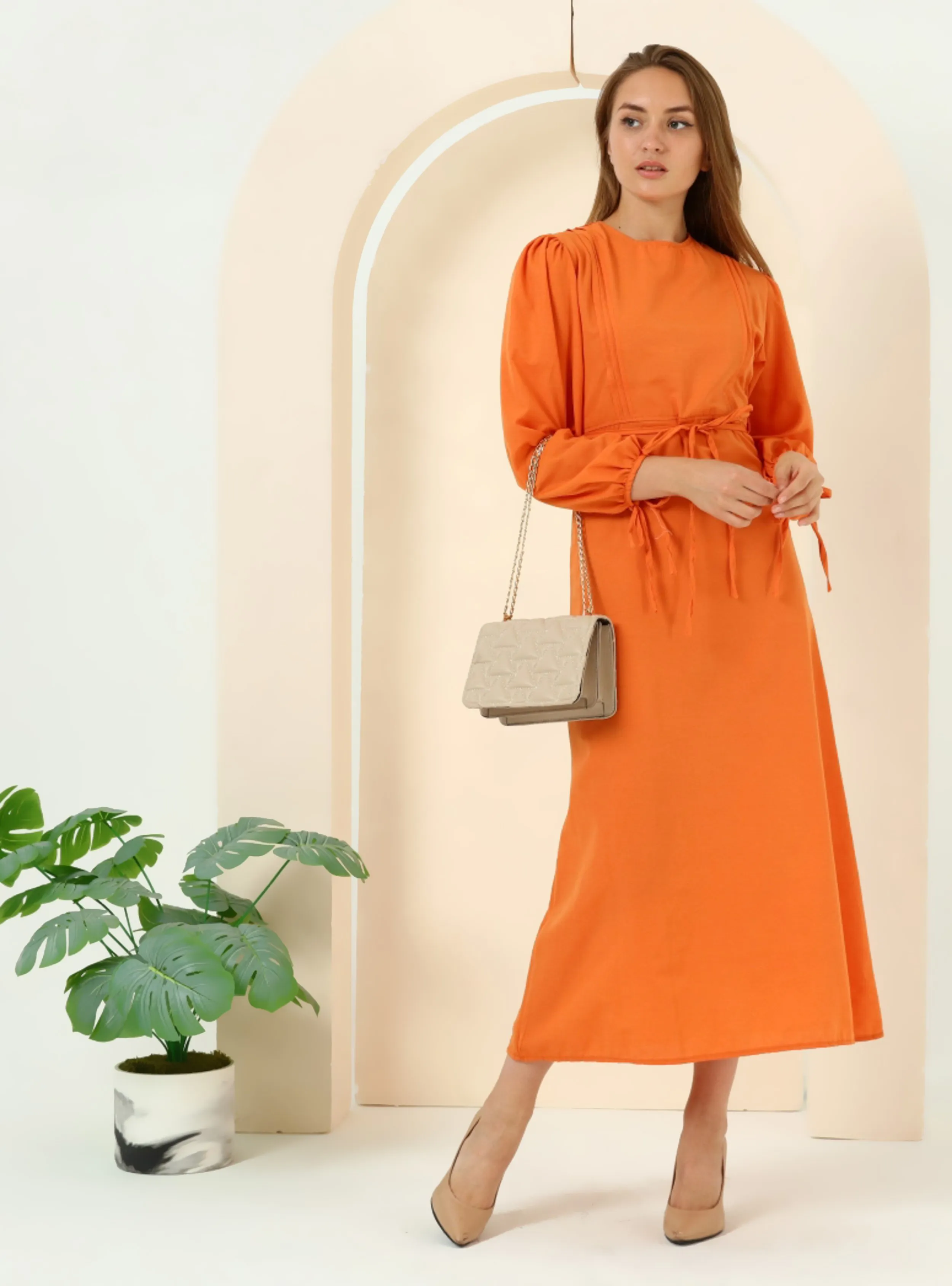 Orange - Crew neck - Modest Dress