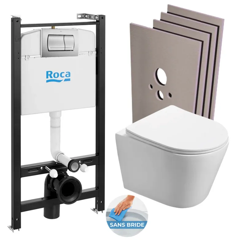 Roca Pack Bâti-support Roca Active + WC suspendu Infinitio sans bride + plaque chrome mat + Set habillage