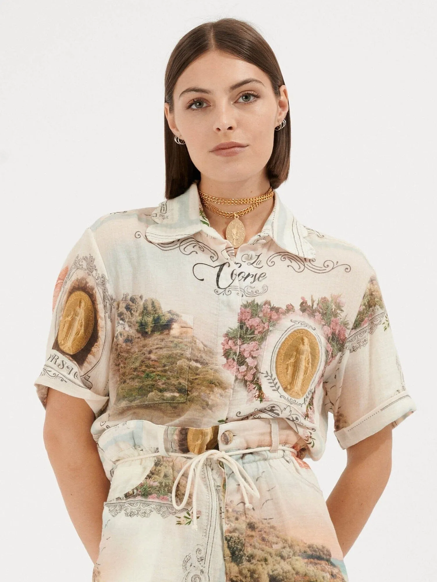 ROSERAIE - Chemise manches courtes col pétale en coton imprimé Cartes