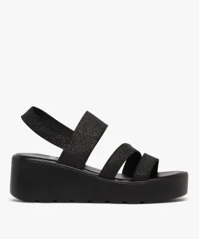 Sandales femme à talon compensé avec brides élastiques pailletées noir