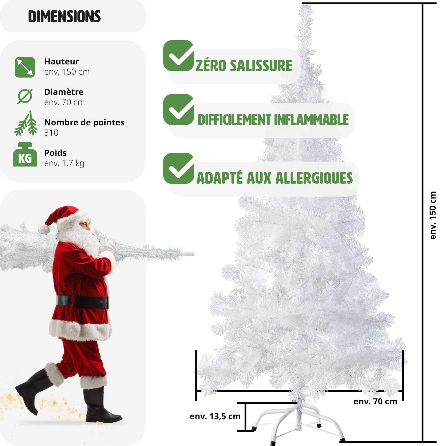 Sapin de No\u00ebl artificiel avec support m\u00e9tallique blanc