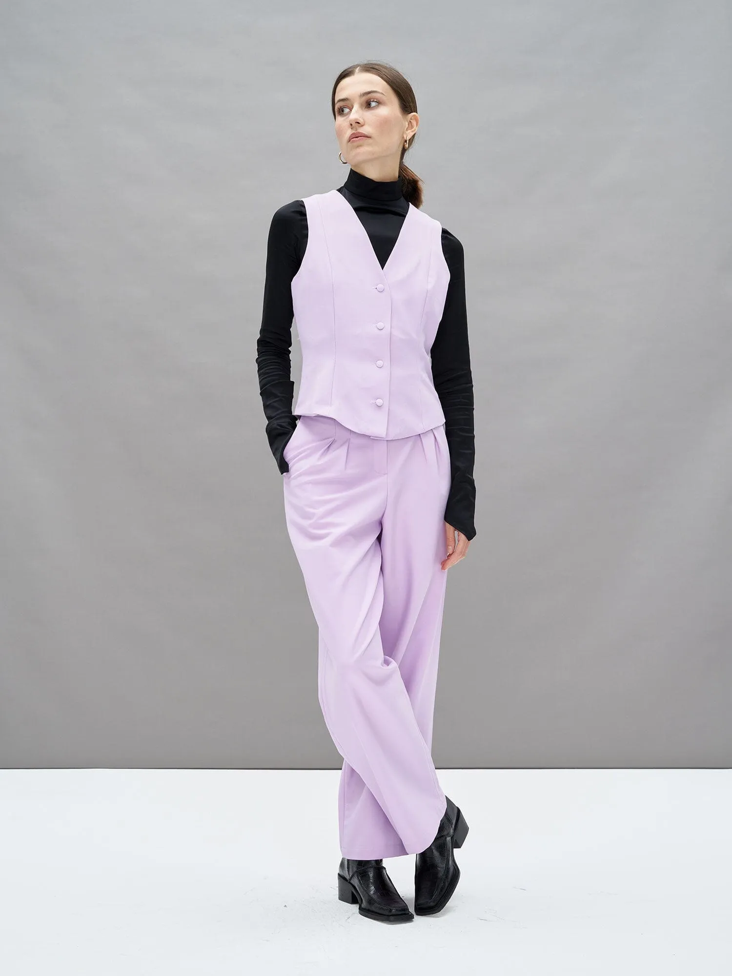 SHILI - Gilet sans manche boutonné en twill de laine stretch Oeko Tex Orchid Bloom