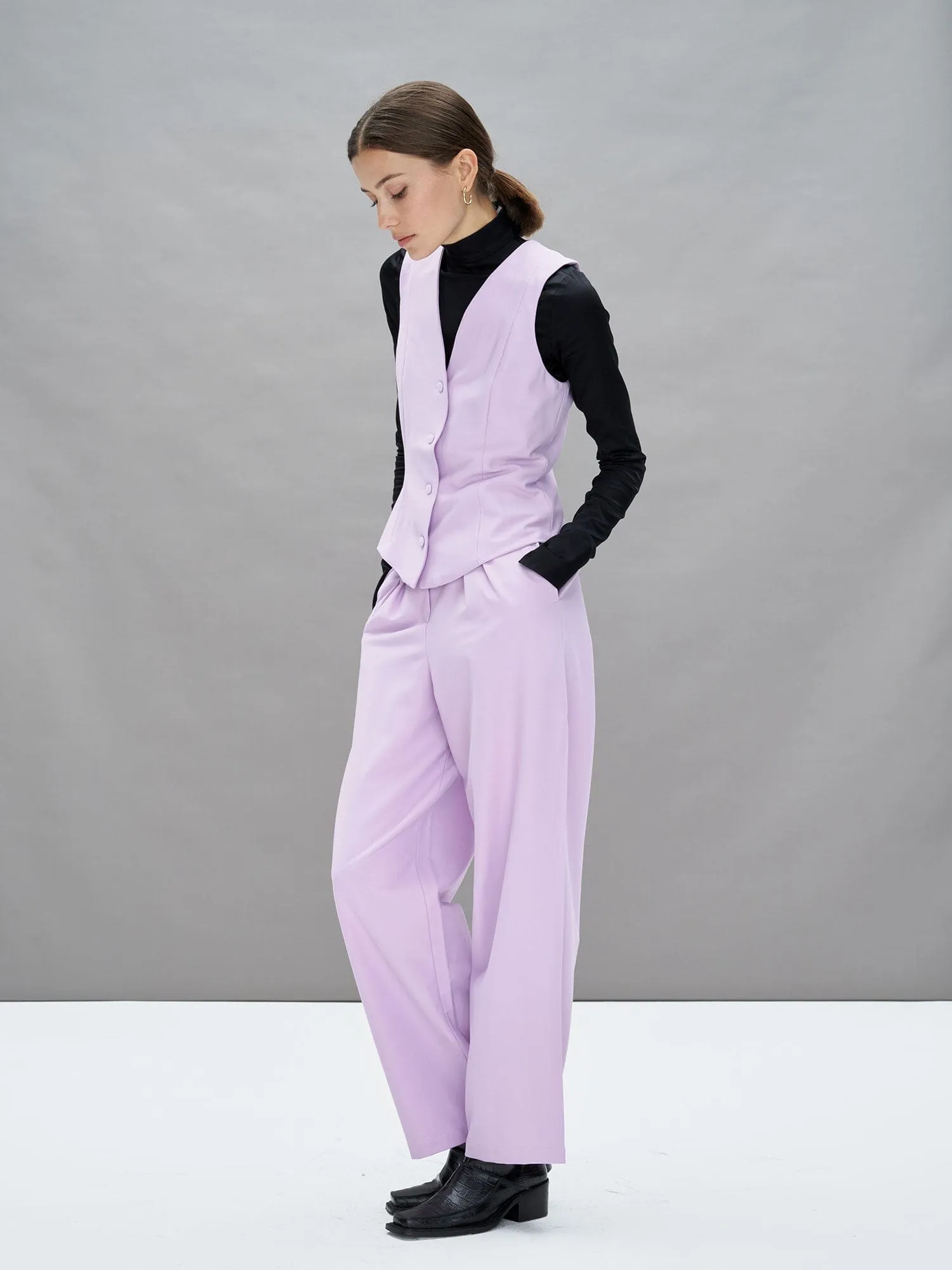 SHILI - Gilet sans manche boutonné en twill de laine stretch Oeko Tex Orchid Bloom