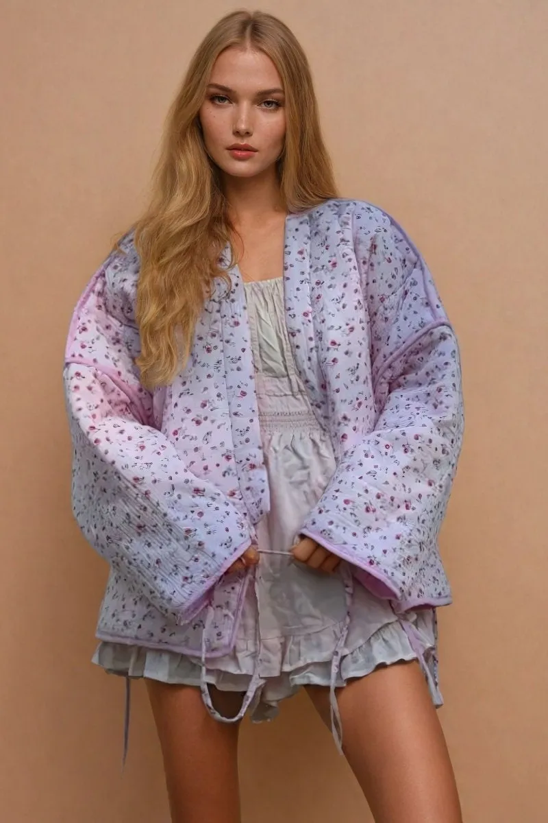 Veste Matelassée Légère à Lacer en Dentelle Florale Rose